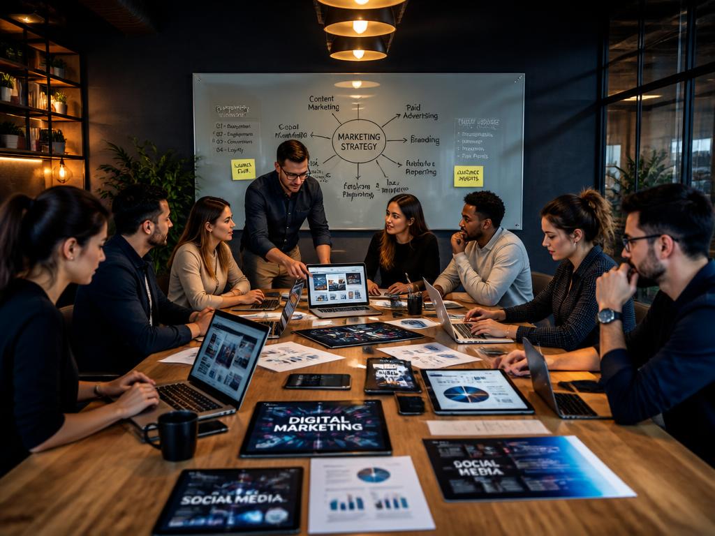 Equipe de marketing integrada em reunião estratégica